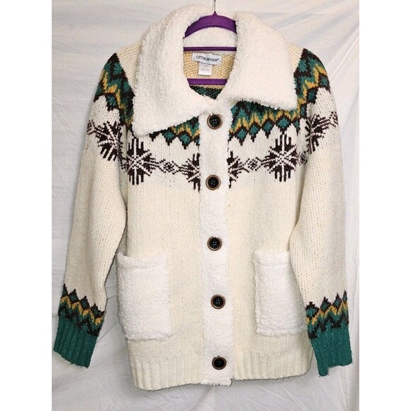 Cotton Emporium Cream Fair Isle Sherpa Collar Button Knit Cardigan Sweater XL - Picture 1 of 7